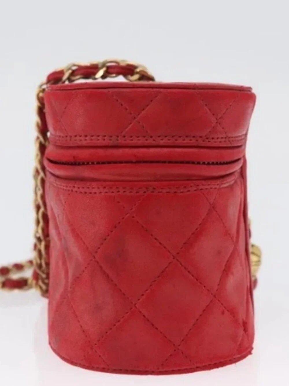 CHANEL Chain Shoulder Bag Lamb Skin Red Gold CC Auth AMZ310A